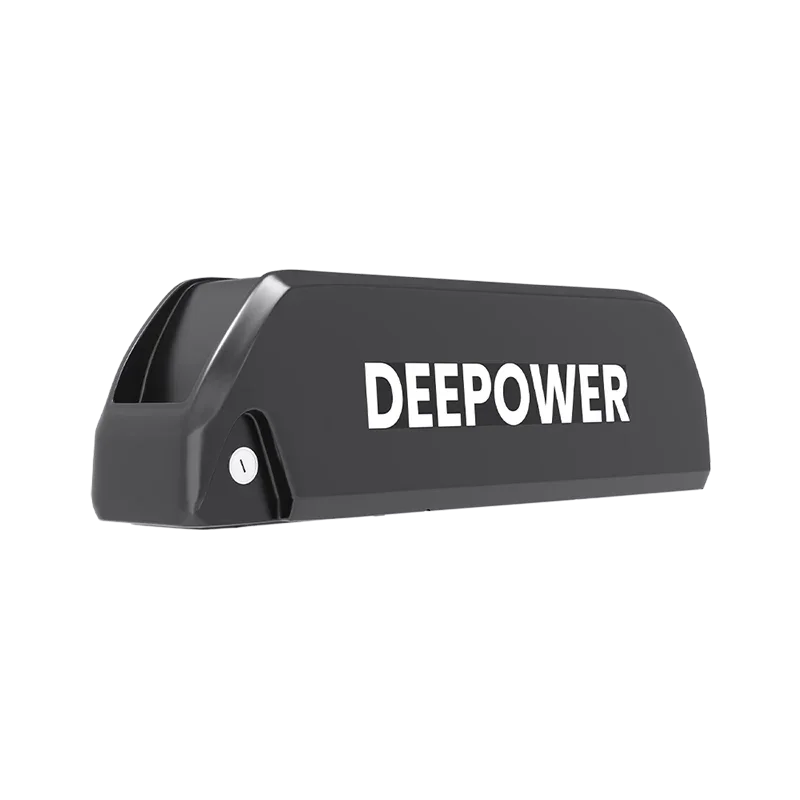 Black DEEPOWER bike battery pack with integrated lock and sleek design