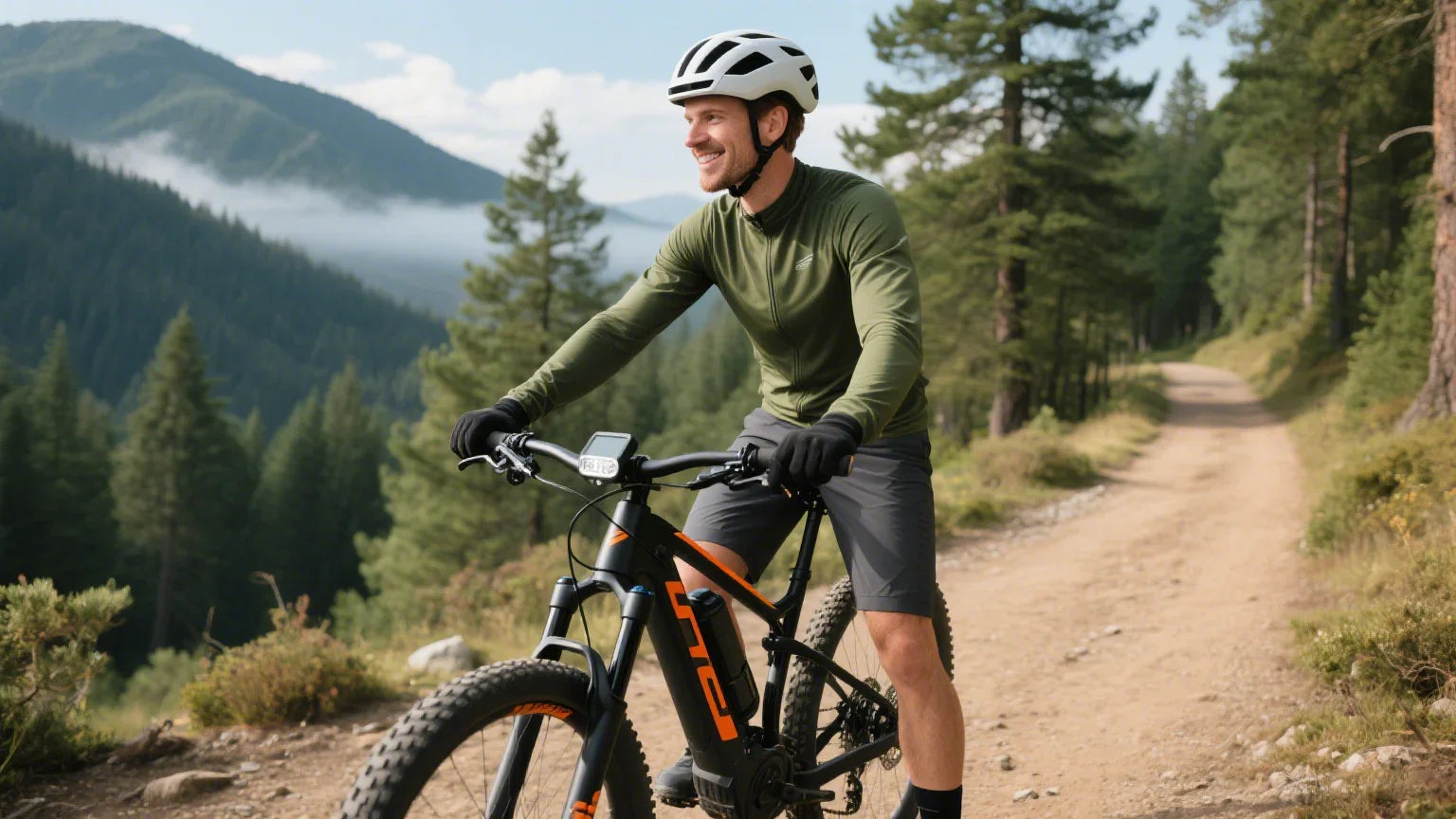 Man in helmet riding black and orange electric mountain bike on forest trail with mountains