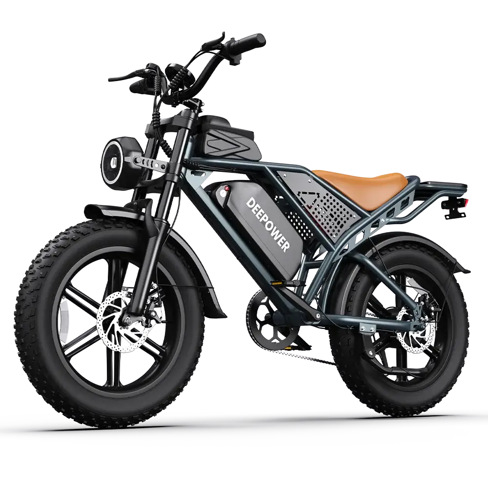 Deepower electric bike with fat tires, black frame, brown seat, and round headlight