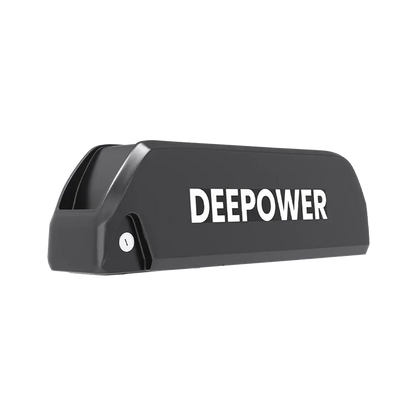 Black DEEPOWER bike battery pack with integrated lock and sleek design