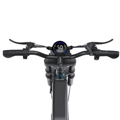 Electric bike handlebar with digital display showing speed 50 km/h and controls on black frame