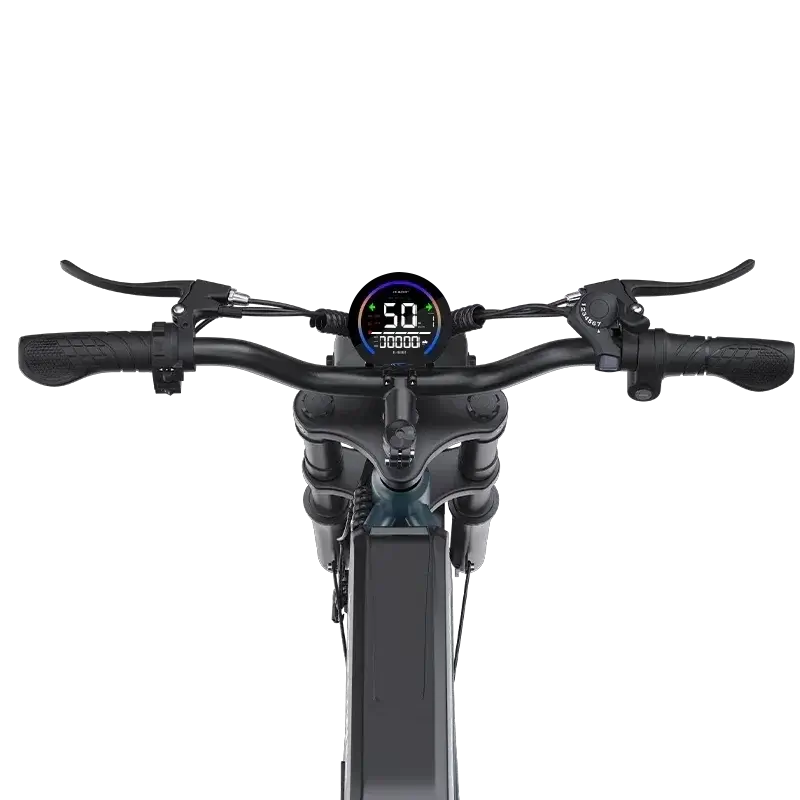 Electric bike handlebar with digital display showing speed 50 km/h and controls on black frame