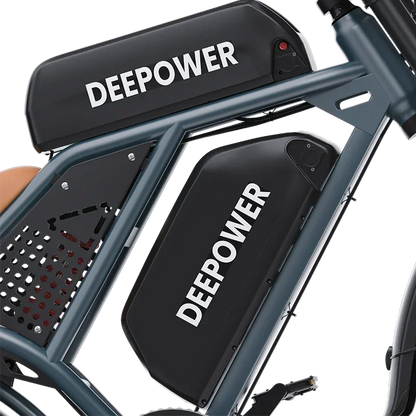 Close-up of DEEPOWER electric bike frame with dual black battery packs labeled DEEPOWER