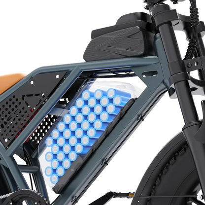 Close-up of a modern electric bike frame highlighting attached blue lithium-ion battery pack and black components