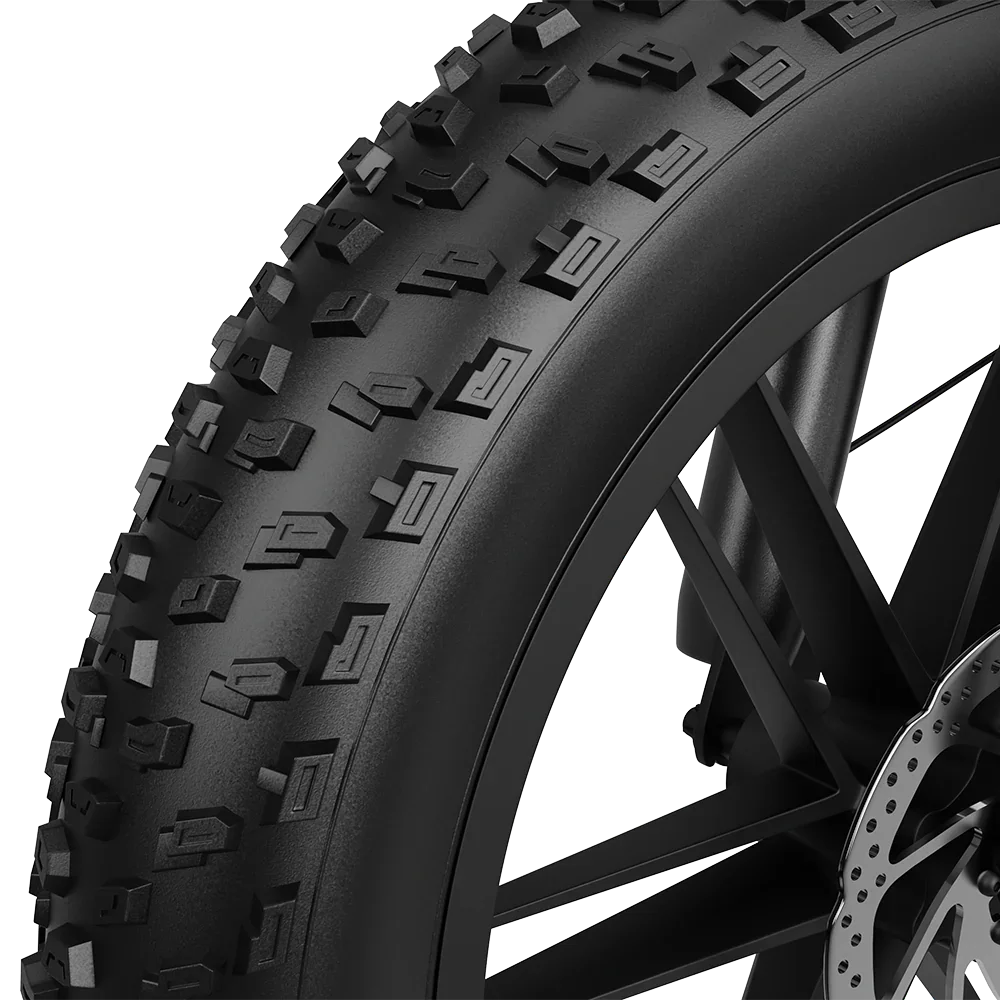 Close-up of 20-inch fat tire with aggressive tread on DEEPOWER electric bike wheel
