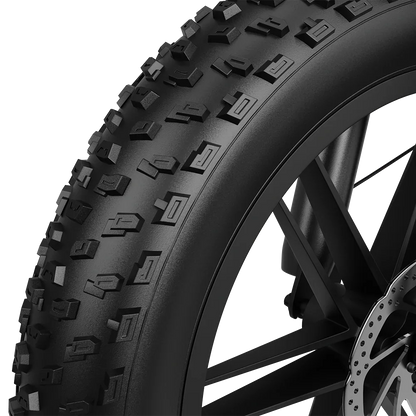 Close-up of 20-inch fat tire with aggressive tread on DEEPOWER electric bike wheel