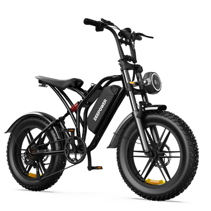 Black DEEPOWER electric bike with fat tires, front suspension, and integrated battery for city and off-road riding