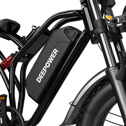 Close-up of DEEPOWER electric bike black lithium battery integrated into frame, front tire and suspension