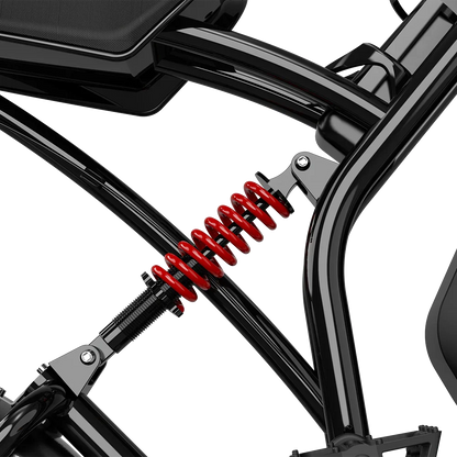 Close-up of DEEPOWER S20 electric bike rear central shock absorber with red coil spring and black frame