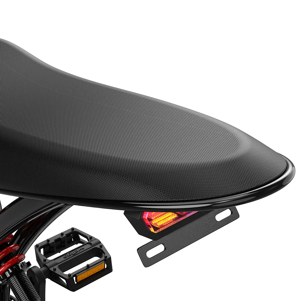 DEEPOWER electric bike black comfort seat with integrated rear light and pedal detail