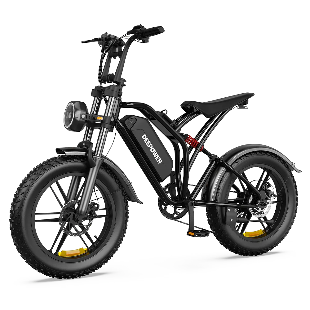 DEEPOWER black electric fat tire bike with front suspension and LED headlight, shown front left 45 degrees