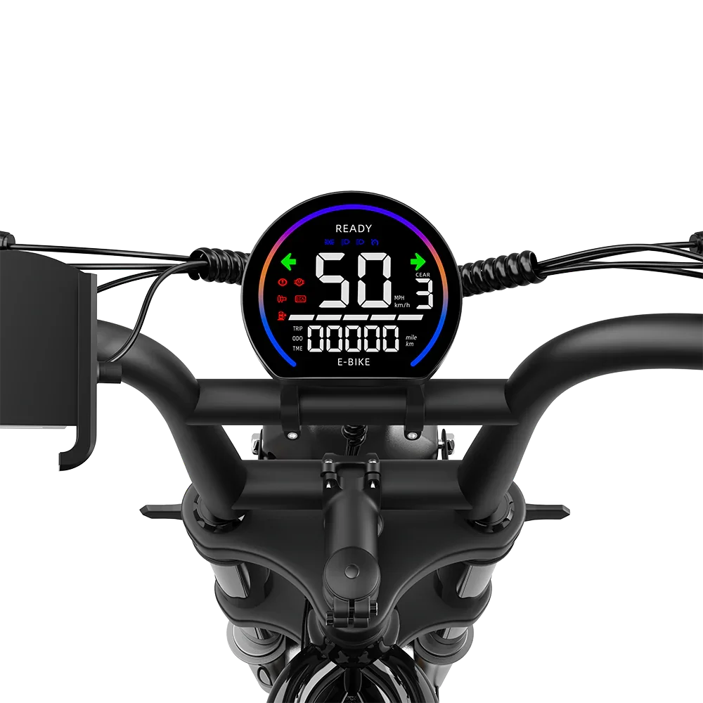 DEEPOWER e-bike handlebar with round LCD display showing speed 50 mph, gear 3, turn signals, and trip data